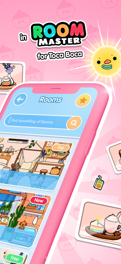 Smartphone screen displaying room design ideas and a search bar in the TB Master app for Toca Boca
