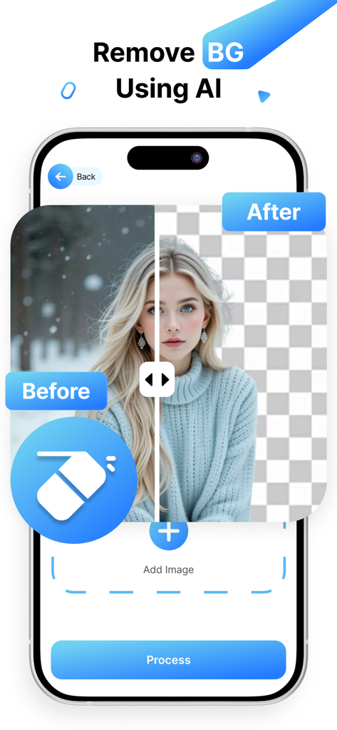 Interface do aplicativo móvel Open Art AI demonstrando o recurso de remoção de fundo em um retrato.