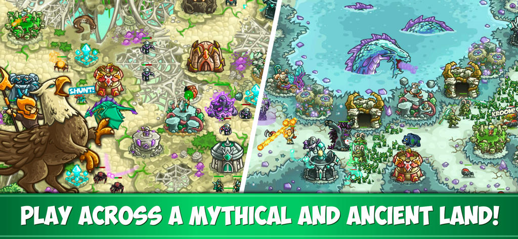 Tactical tower defense gameplay in Kingdom Rush Origins showing mythical forest and coastal environments with legendary heroes and monsters