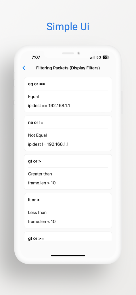 Learn Wireshark app screen displaying a tutorial on packet filtering commands and logical operators for network analysis