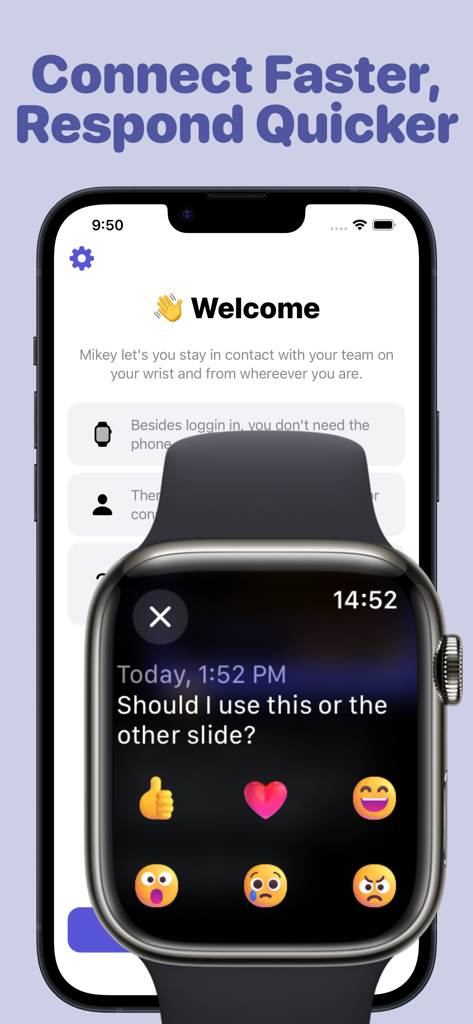 TeamsSync for Microsoft Teams - Interfaz de la aplicación TeamsSync en iPhone y Apple Watch mostrando reacciones a mensajes
