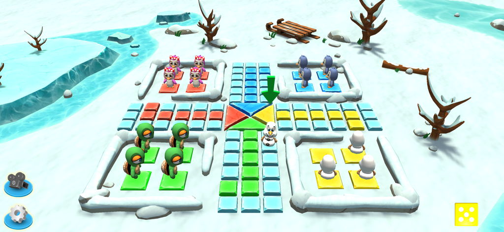 Juego de mesa Ludo 3D con adorables personajes animales en un entorno invernal