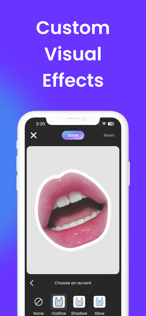 Interface do aplicativo ShopLook apresentando efeitos visuais personalizados como contorno e sombra para designs criativos