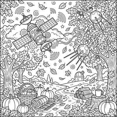 Blast off into a world where technology meets nature with this unique autumn satellites coloring page. Discover a cozy fall scene featuring orbital wonders, ripe pumpkins, and rustling leaves awaiting your creative touch.