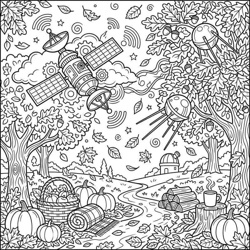 Blast off into a world where technology meets nature with this unique autumn satellites coloring page. Discover a cozy fall scene featuring orbital wonders, ripe pumpkins, and rustling leaves awaiting your creative touch.
