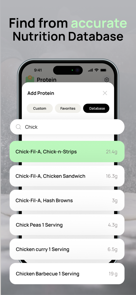 A search interface in the Protein Tracker app showing a list of chicken food items from the nutrition database with their specific protein content in grams.