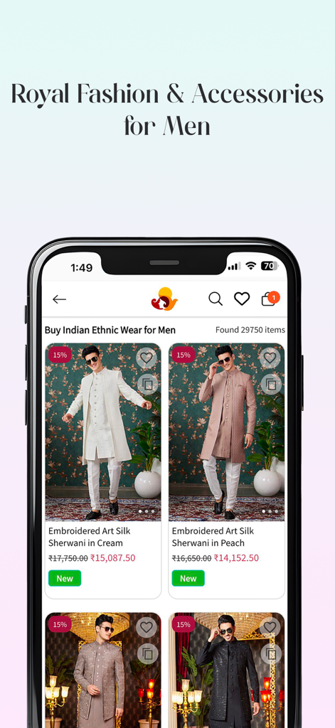 Utsav Fashion: Online Shopping - Vêtements ethniques indiens et sherwanis en soie pour hommes sur l'application Utsav Fashion.
