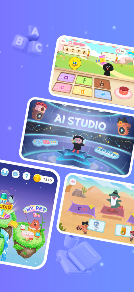 HiDODO: AI English Play School - Collage de pantallas educativas de la aplicación HiDODO que muestran juegos del alfabeto, estudio de conversación con IA y recompensas de aprendizaje para niños