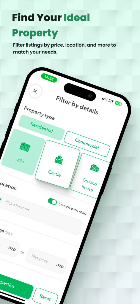 Aqarimmo pro - Tela de pesquisa do aplicativo móvel Aqarimmo Pro com filtros para tipo de propriedade e localização