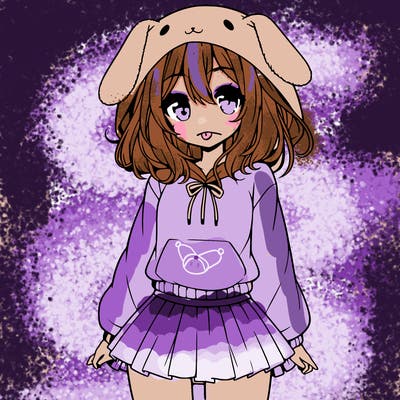 pretty anime girl wearing a fluffy hoodie with bunny ears on the hood and a skirt