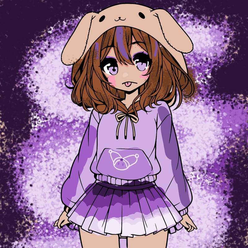 pretty anime girl wearing a fluffy hoodie with bunny ears on the hood and a skirt