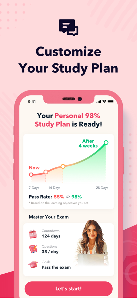 ISACA CISA Exam Prep 2026 - Custom study plan interface for CISA Exam Prep app showing projected pass rate chart and daily study goals