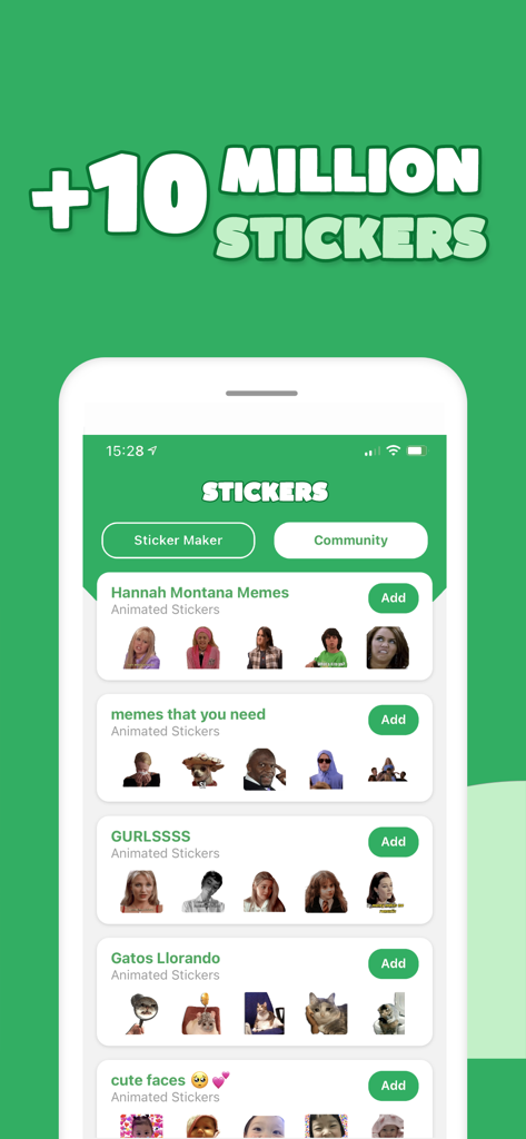 Mobile app screen displaying a community library of over 10 million WhatsApp sticker packs including memes and cats