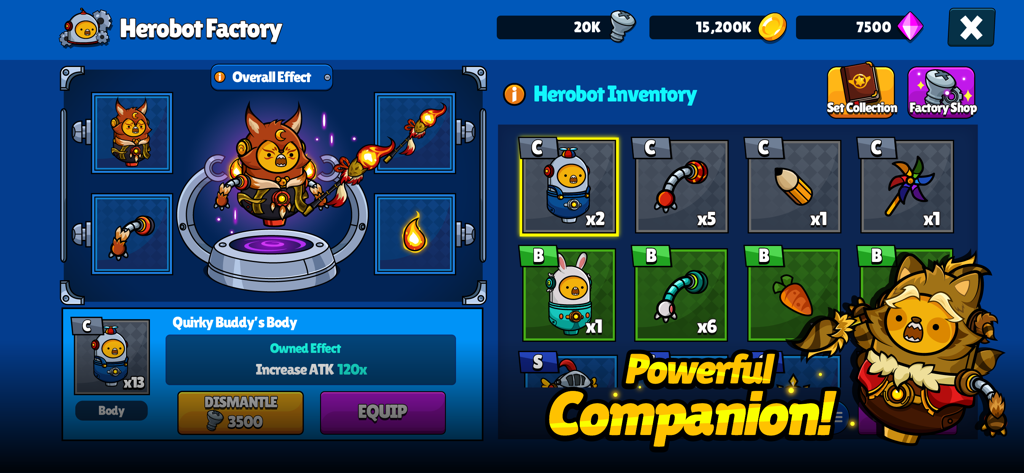 Pantalla de inventario y equipo de Herobot Factory en Mr Hero Idle RPG mostrando varios compañeros robóticos coleccionables