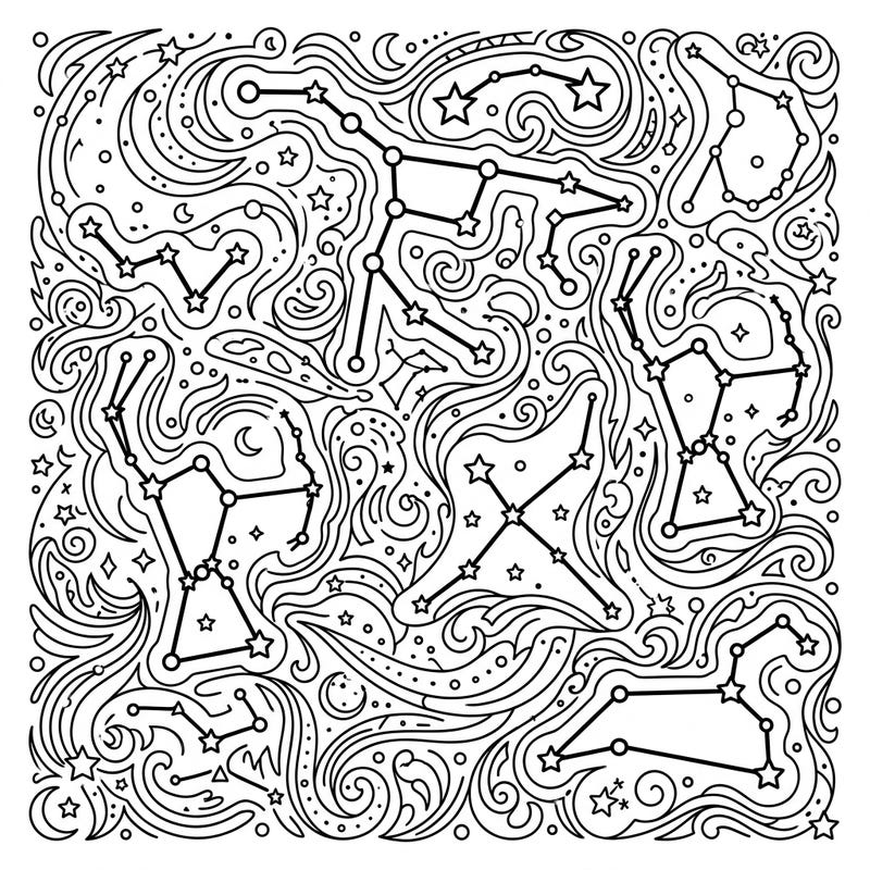 Journey through the cosmos with this captivating star constellation coloring page, designed for mindful relaxation. Discover a universe of intricate celestial patterns and swirling stardust, waiting for your creative interpretation.
