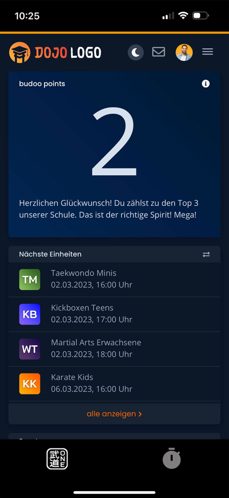 Dashboard of the budoo.one app showing a member points ranking and a schedule of upcoming martial arts classes