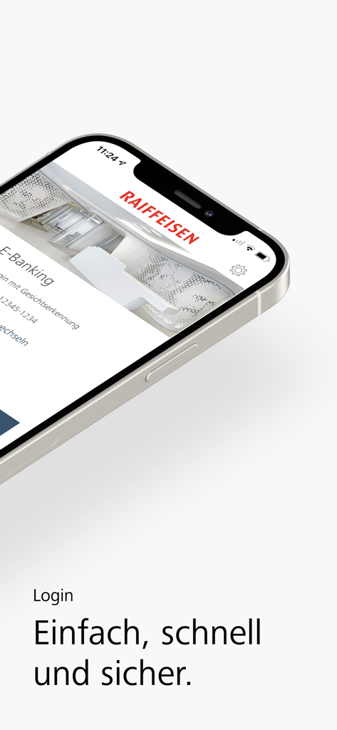 Smartphone mostrando la pantalla de inicio de sesión de Raiffeisen E-Banking con texto que la describe como simple, rápida y segura.