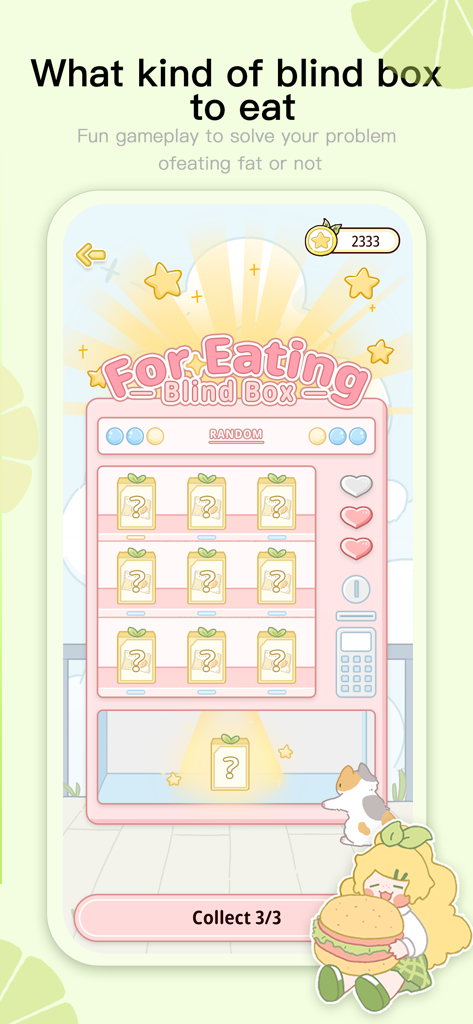 귀여운 소녀와 고양이 캐릭터가 있는 '식음료 블라인드 박스'라는 제목의 LemonFast 앱 내 카와이 스타일의 분홍색 자판기