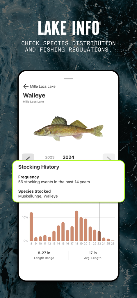 onX Fish: Midwest Lake Finder - onX Fish app interface displaying Walleye stocking history and size distribution chart for Mille Lacs Lake