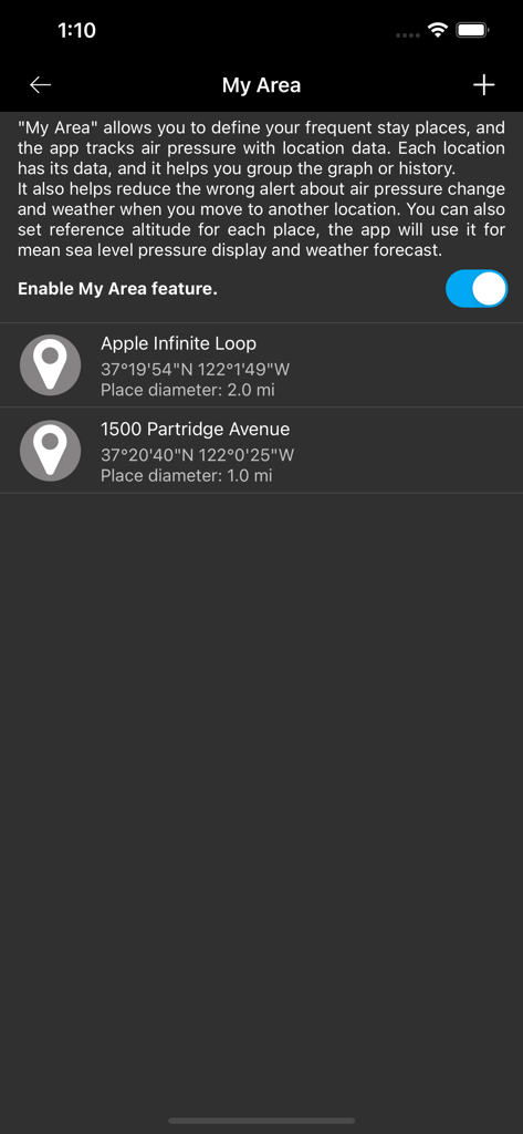 Barometer Plus - Altimeter - My Area settings in the Barometer Plus app showing custom tracked locations and geographic coordinates.