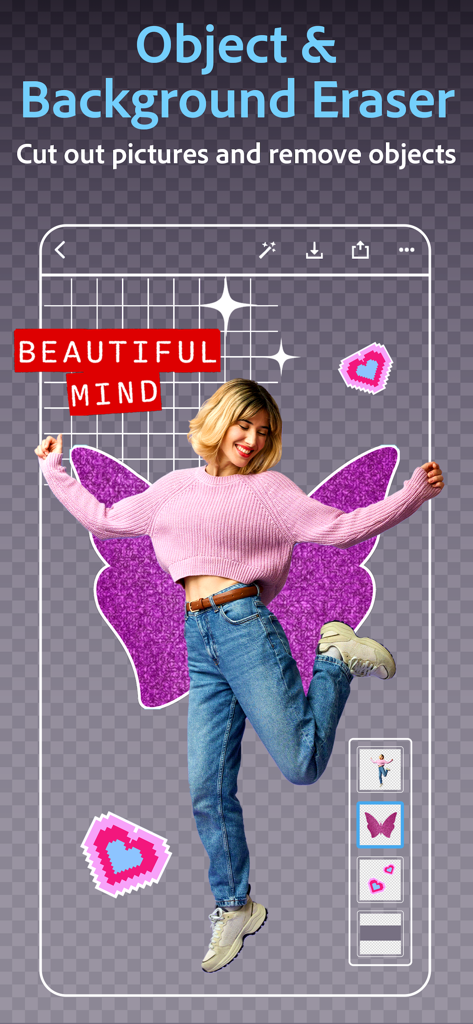 Interfaz de Photoshop Express que muestra la función de borrador de objetos y fondos con una silueta de mujer y pegatinas creativas.