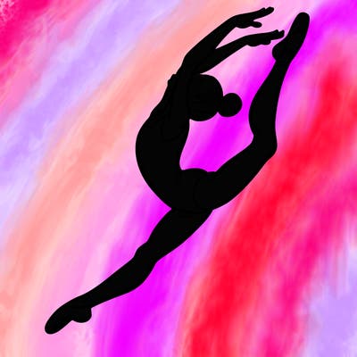 gymnast doing a leap in a leotard with a bent back leg