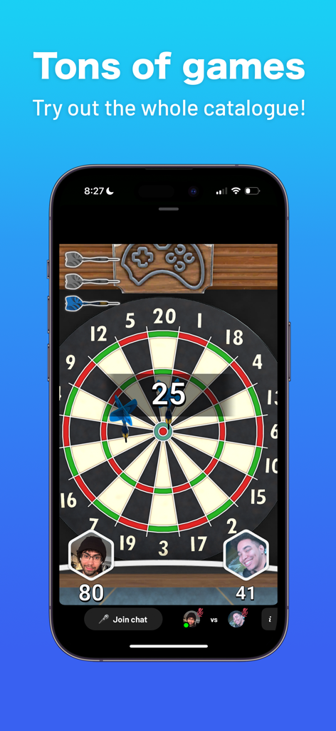 Games for iMessage Text & Chat - A digital darts game match within the Gamebytes iMessage app featuring two players and their scores