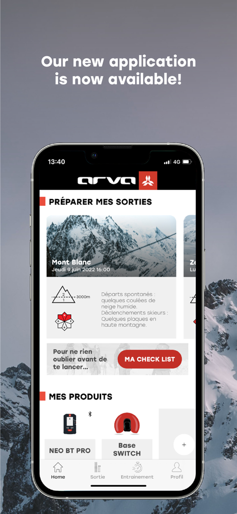 Interface da aplicação ARVA num smartphone exibindo boletins de risco de avalanches e equipamento de segurança de montanha conectado