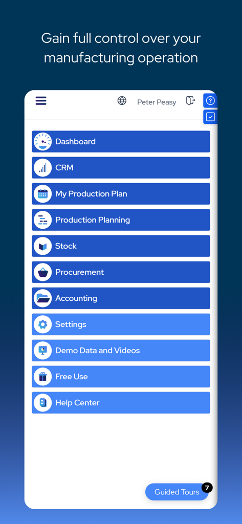 MRPeasy - MRPeasy mobile app interface showing manufacturing modules including production planning and stock management.
