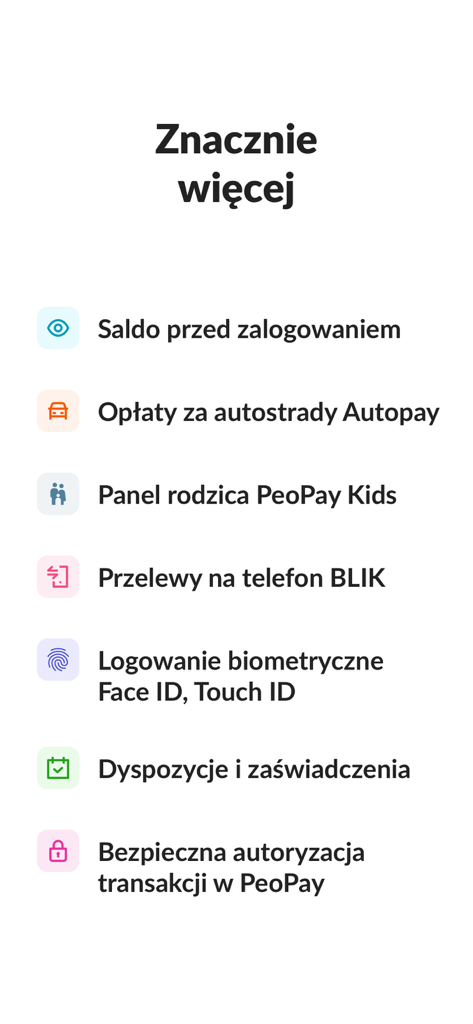 Pantalla de la aplicación móvil PeoPay que enumera funciones como transferencias BLIK y autenticación biométrica