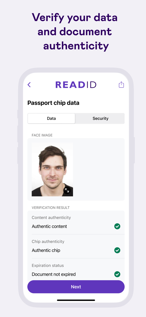 ReadID Me - ReadID Me app interface showing passport chip data verification with authenticity results and face image