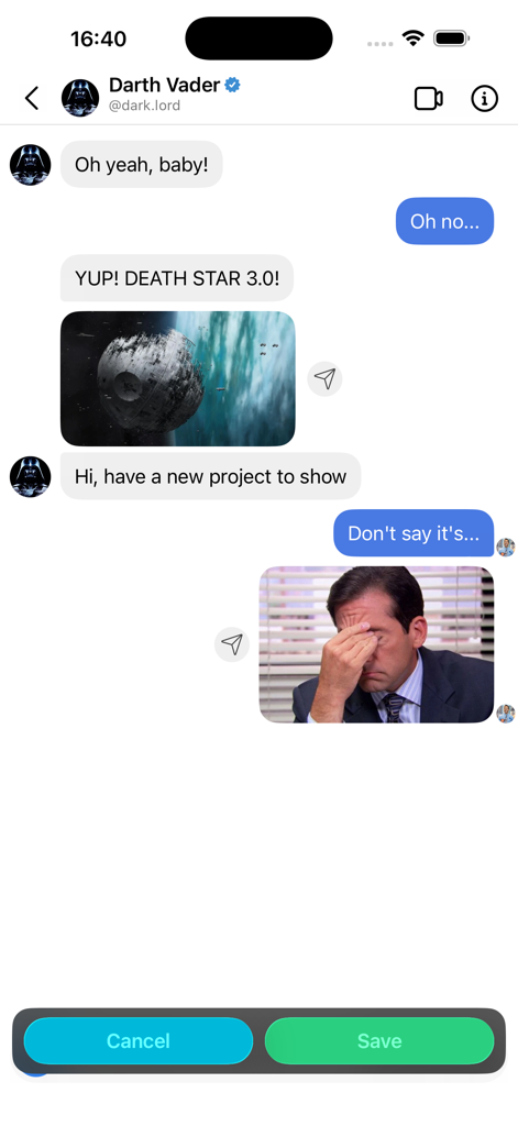 Faker 2 - Fake Messages - A realistic mockup of a fake Instagram direct message conversation with Darth Vader featuring images and memes.
