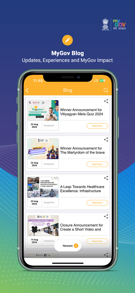 A screenshot of the MyGov India app blog section showing recent government updates and winner announcements