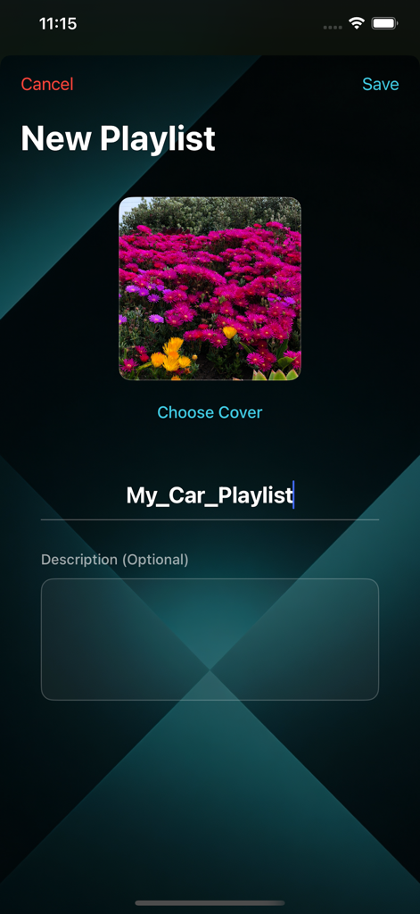 SnapTube - Video & Music - User interface of the SnapTube app for creating a new music playlist with a custom cover image and title.