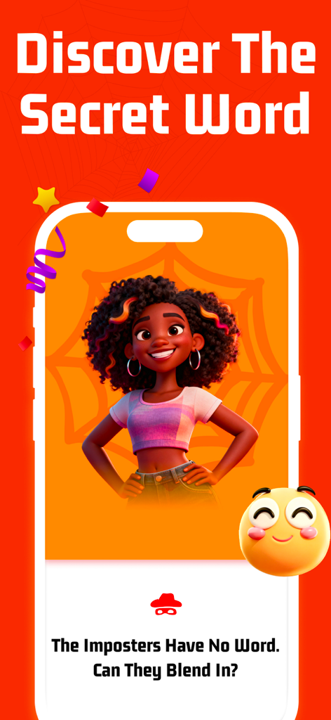 Imposter Spy Game - WhoIsSpy - Pantalla de la aplicación móvil WhoIsSpy mostrando un personaje 3D y el texto Descubre La Palabra Secreta