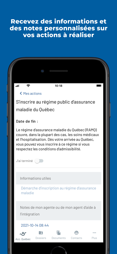 Accompagnement Québec - A mobile screen from the Accompagnement Quebec app showing steps for health insurance registration and integration agent notes