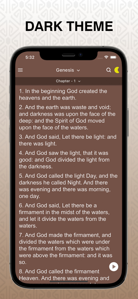 Good News Bible app interface in dark mode showing Genesis chapter one.