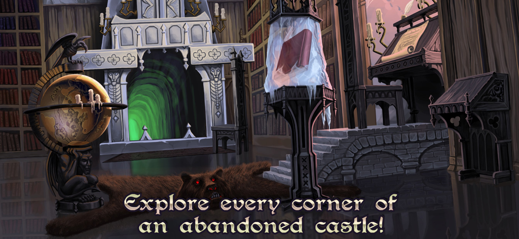 Bathory - The Bloody Countess - Intérieur de bibliothèque d'un château gothique avec un tapis en peau d'ours et un portail mystérieux