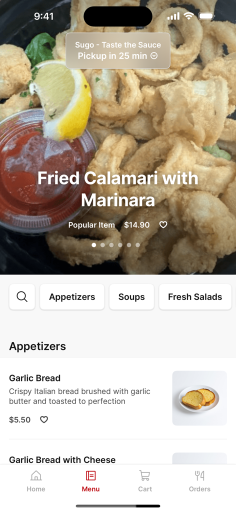 Menú de la aplicación móvil Sugo que muestra aperitivo de calamares fritos y pan de ajo