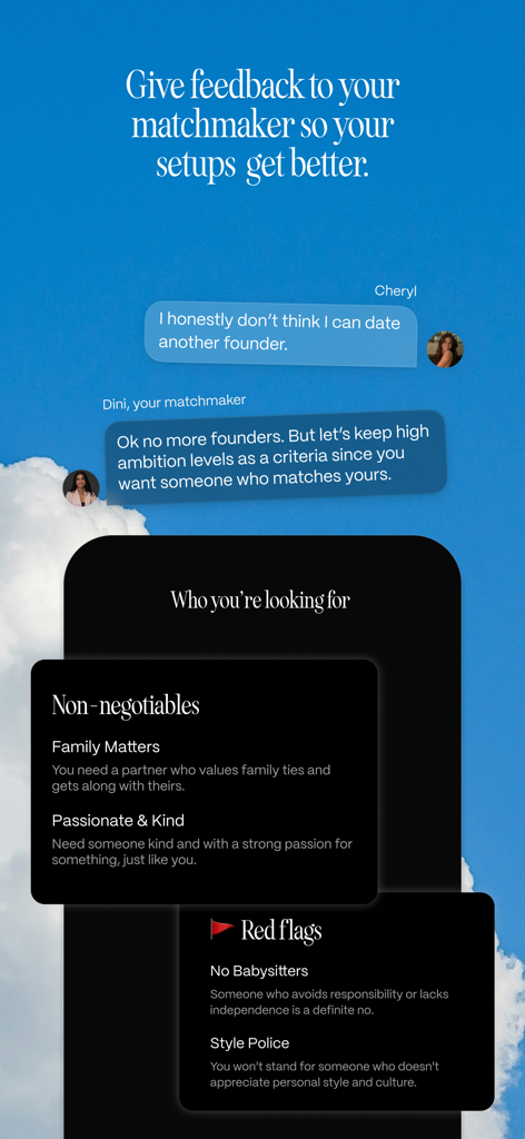 Sitch: AI Dating Matchmaker - Una pantalla de la app de citas Sitch mostrando un chat con un casamentero y una lista de innegociables personales y señales de alerta para un mejor emparejamiento.