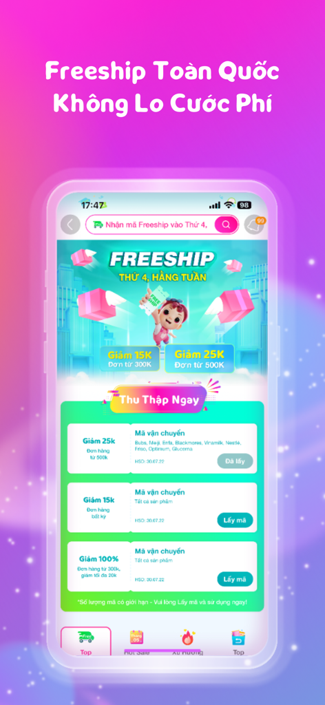 Con Cưng #1 Mẹ và Bé - Interface de l'application Con Cung montrant des bons de livraison gratuite et des offres promotionnelles pour des produits pour bébé