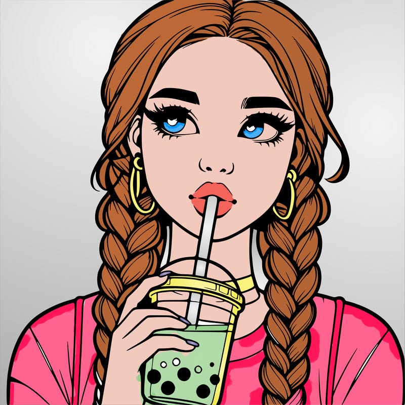 realistic girl with braided hair drinking boba