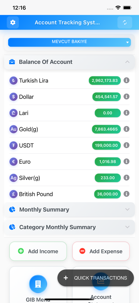 Dashboard view of the Account Tracking System app showing account balances in various currencies and assets like gold and silver