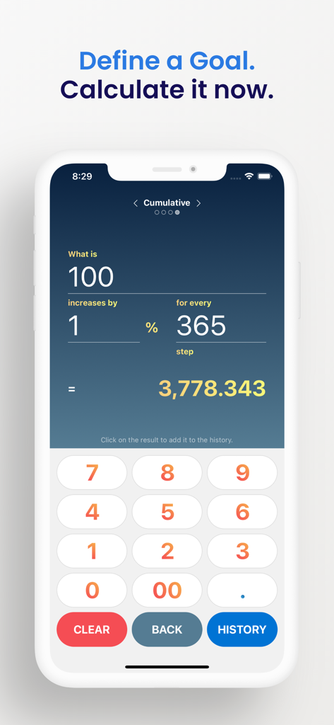 Percentage Calculator - Calc % - Interfaz de aplicación móvil que muestra un cálculo de crecimiento acumulado para un objetivo en 365 pasos.