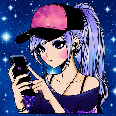 realistic girl with a long ponytail and trucker hat holding an iphone
