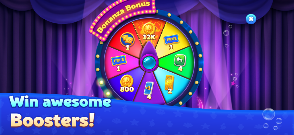 Domino Ocean : Solitaire Tiles - Una colorida rueda de premios en el juego Domino Ocean que muestra varios potenciadores y recompensas de monedas en un escenario morado.