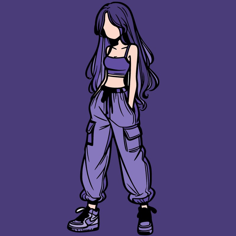 girl in baggy pants crop top and long hair