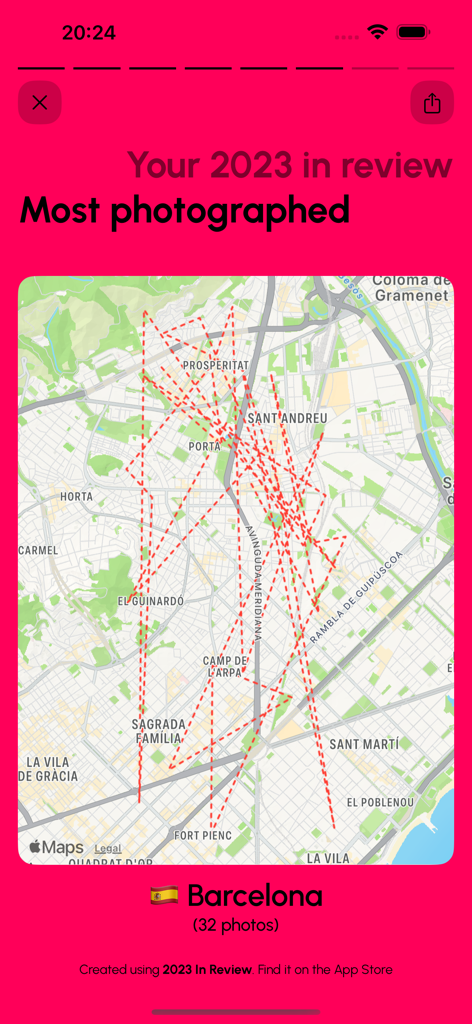 A map visualization showing the most photographed city Barcelona within the Year In Review app interface.