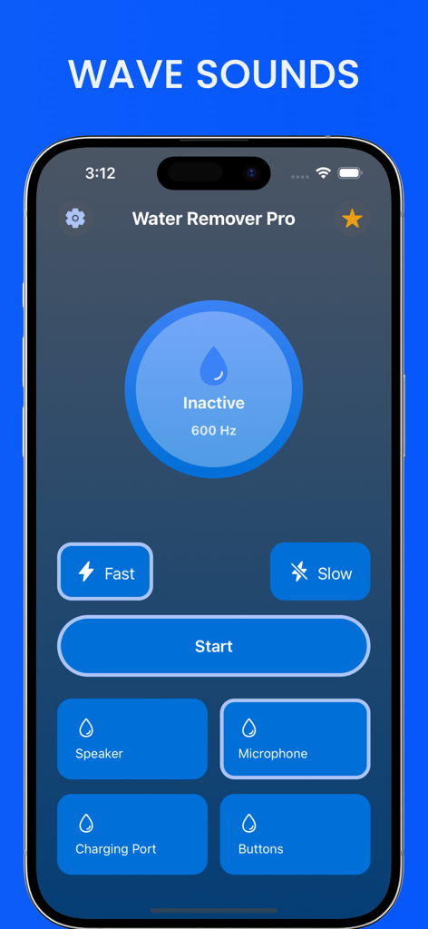 Water Remover Pro • Clean Tune - Interfaz principal de la aplicación Water Remover Pro mostrando botones para limpiar el altavoz del teléfono, micrófono y puerto de carga usando ondas sonoras