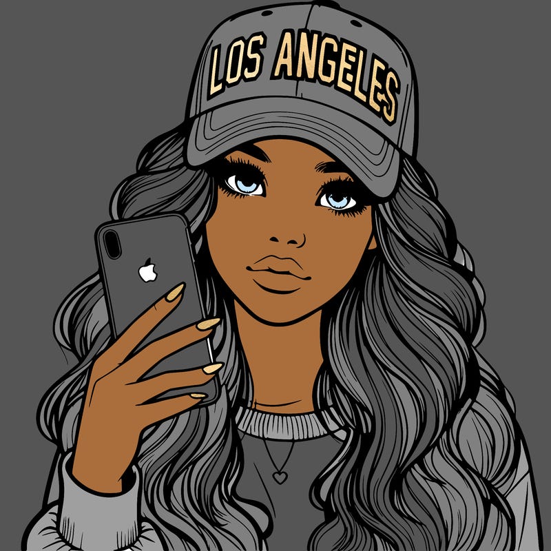 realistic beautiful girl wearing los ángeles cap holding an iphone